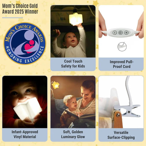 Collage showing awards, baby with LED Clip On Star Light With Warm Dimmable Glow, lamp controls, and clip mount for nursery decor.