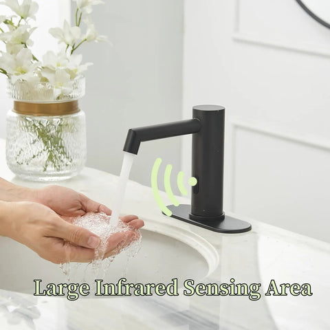 Matte Black No Touch Bathroom Faucet Sensor Powered By Batteries Single Hole Deck Mount For Commercial Sinks No Contact Tap With Pop Up Drain Cover Plate Control Box And Temperature Mixer