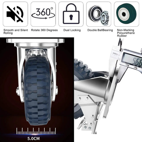 Heavy Duty Polyurethane Caster Wheels Set Of Four All Terrain Swivel Casters With Secure Locking Brakes showing 360-degree rotation and non-marking rubber.