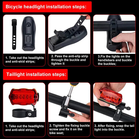 Super Bright Bike Light Set With Front Headlight And Rear Tail Light waterproof installation steps illustration