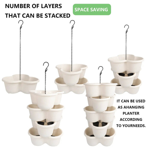 5 Tier Stackable Garden Tower Strawberry Planter For Flowers Vegetables Herbs And Succulents shown in white, stackable design