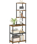 Heavy Duty Six Tier Industrial Corner Shelf With Swap Out Wood And Steel Mesh Boards Plus Work Surface Kicks Up Storage In Tight Quarters Perfect For Clean Setups In Apartments Or Home Offices Rustic Tone with decorative items and books.