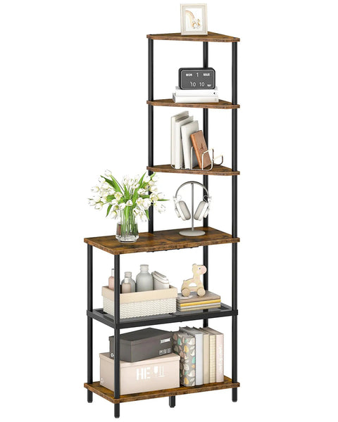 Heavy Duty Six Tier Industrial Corner Shelf With Swap Out Wood And Steel Mesh Boards Plus Work Surface Kicks Up Storage In Tight Quarters Perfect For Clean Setups In Apartments Or Home Offices Rustic Tone with decorative items and books.