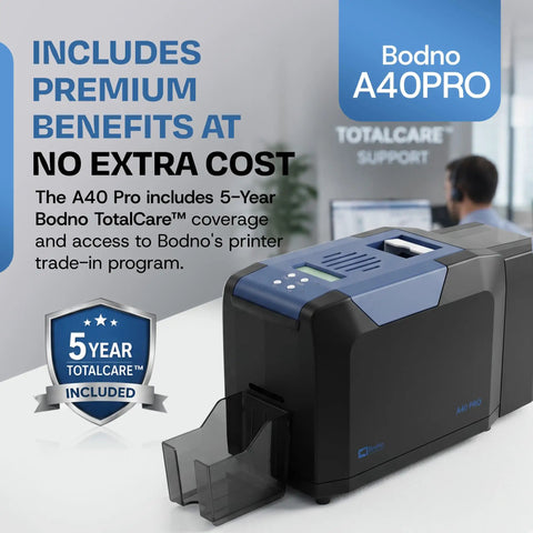 Bodno A40 Pro desktop ID card printer showing dual-sided output tray and control panel, part of the Slick Dual Sided ID Card Printer Delivers Straight Photo Quality Prints At 300 By 600 DPI.