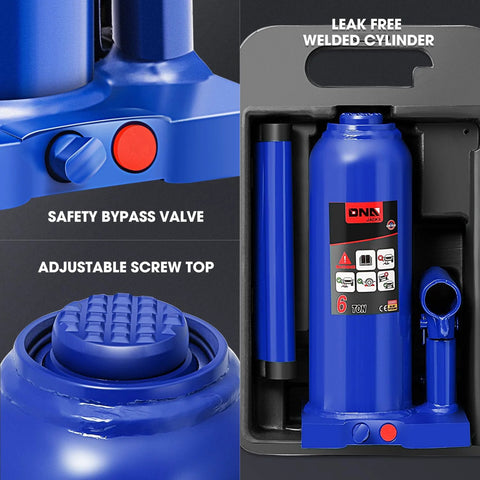 DNA Motoring blue 6-ton hydraulic bottle jack with manual handle in carrying case