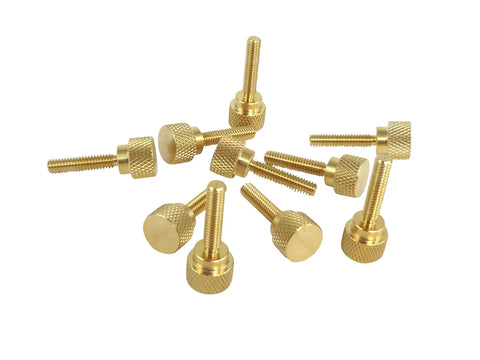 Solid Brass Diamond Knurled Thumb Screws 8X32 By Three Quarter Inch With Straight Shoulders And Flat Tips 10 Pack on white background.