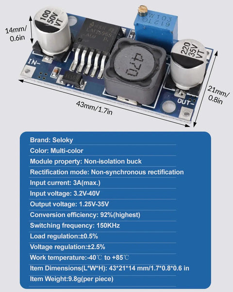 Five Pack LM2596 DC Buck Converter Module 3.0-40V In, 1.5-35V Out, Adjustable Voltage Regulator With LED Indicator, DIY Power Supply