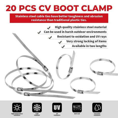 Pro Grade Heavy Duty CV Joint Banding Boot Clamp Tool For Auto And ATV With 20 Piece Stainless Steel Clamp Set Includes 10 Small 9.8 Inch And 10 Large 19.7 Inch Clamps To Secure CV Boots On Cars And ATVs, stainless steel clamps