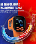Infrared Thermometer With Dual Laser Non Contact Temperature Gun Handheld IR Heat Temperature Meter Adjustable Emissivity For Metal Smelting Cooking Pizza Oven And Engine Use Range From 40 F To 2732 F Lightning Fast One Quarter Second Readings shown with wide temperature range graphic