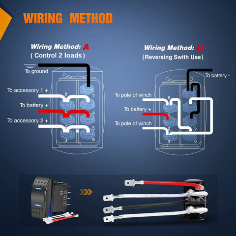 Wiring diagram for waterproof DPDT 7-pin rocker switch on off on toggle for 12V 24V systems with jumper wires.
