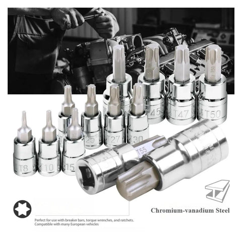 Ultimate 13-Piece Torx Star Bit Socket Set With 1/4 3/8 And 1/2 Inch Drive Sizes Featuring Heavy Duty CR-V And S2 Steel For Cracking Rusty Nuts Easily In Tight Spots On Home Projects And Car Repairs Perfect For Tough Jobs. Chromium-vanadium steel Torx bit sockets
