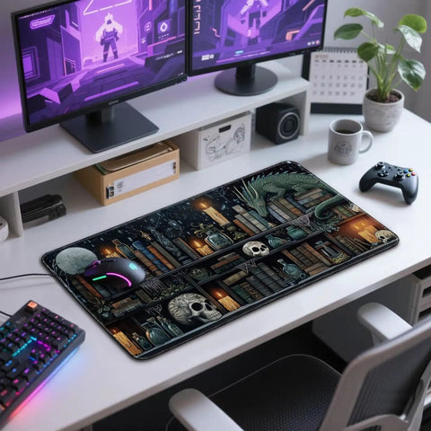 Mystical Gothic Library XXL Mouse Pad 31.5x15.7 Inches, Vintage Book Theme Desk Mat With Non Slip Rubber Base And Stitched Edges on desk