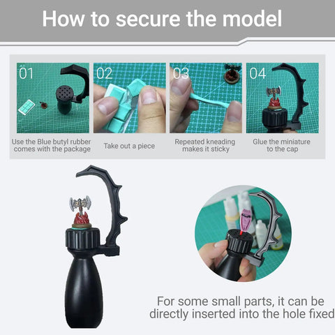 Step-by-step guide showing Precision Miniature Painting Handle With Stabilizer Bar And Magnetic Base for no slip gripping.