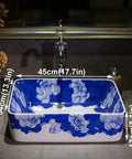 Top Shelf Rectangular Ceramic Vessel Sink With Slick Hand Painted Blue Finish For Above Counter Vanity Setup showing dimensions 45cm x 34cm x 13cm.