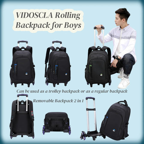 Black Kids Rolling Backpack For School With Six Wheels shown in various angles and uses by a boy, featuring detachable trolley setup.