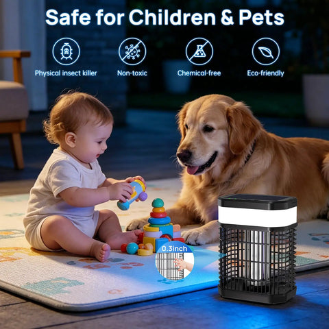 Child and dog near 4 In 1 Bug Zapper Outdoor Portable And Rechargeable Mosquito Killer with 5000mAh battery and LED light.