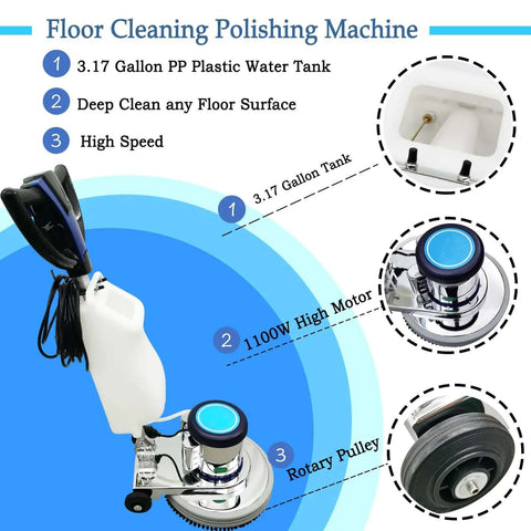 Beast 18 Inch Floor Scrubber And Polisher Pro Grade Multi Surface Cleaner with 3.17 gallon tank and 1100W motor