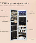Inside view of Straight Up Premium Wall Or Door Mounted Jewelry Cabinet With Full Length Mirror, showing 47.2"H storage, 90 earrings, 84 rings, 32 necklace hooks.
