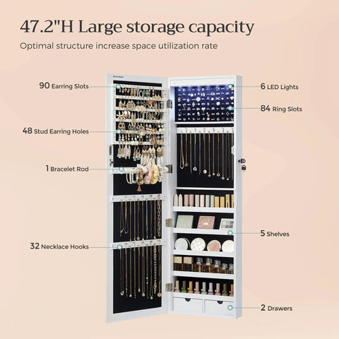 Inside view of Straight Up Premium Wall Or Door Mounted Jewelry Cabinet With Full Length Mirror, showing 47.2"H storage, 90 earrings, 84 rings, 32 necklace hooks.