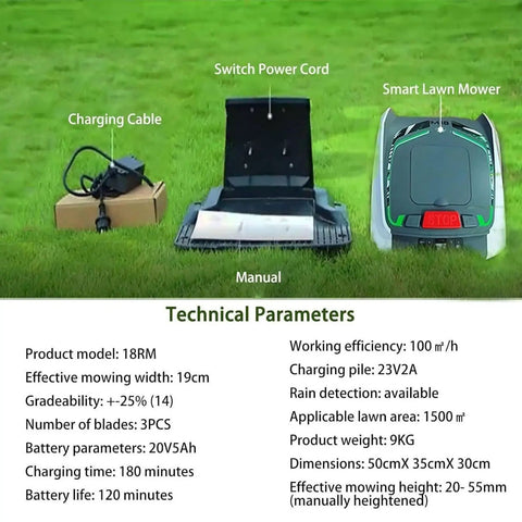 Smart Robotic Lawn Mower With Auto Charging Dock, 20V Max 2.0Ah Battery, 19cm Cut Width, components displayed on grass