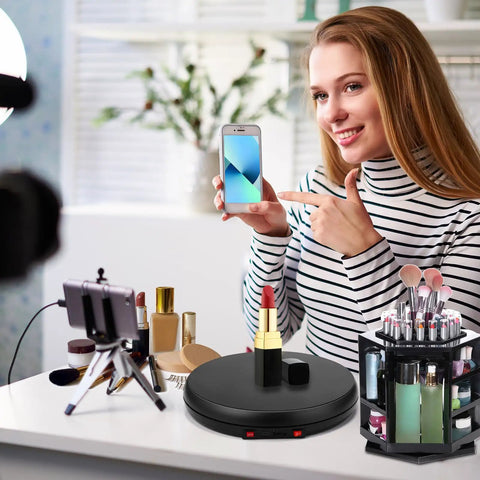 360 Degree Motorized Rotating Display Stand Turntable With Built-In LED Lighting For Jewelry And Photography Products Electric Base USB Powered Smooth Rotation Showpiece Spinner 10 Inch Capacity with lipstick and makeup