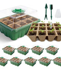 Seed Starter Tray Kit 10 Pack With Humidity Domes 120 Cells Total Germination Trays Complete Mini Greenhouse For Seed Growing And Seedlings Ideal For Indoor Gardens And Windowsills, trays with seedlings and tools.