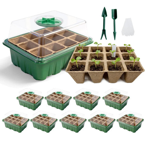 Seed Starter Tray Kit 10 Pack With Humidity Domes 120 Cells Total Germination Trays Complete Mini Greenhouse For Seed Growing And Seedlings Ideal For Indoor Gardens And Windowsills, trays with seedlings and tools.