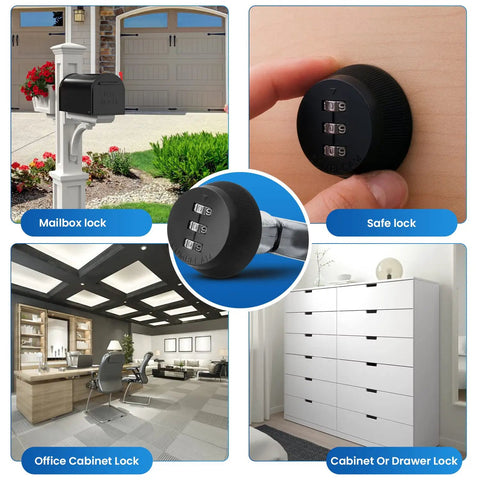Keyless Combi Cam Lock 3 Dial Cabinet Lock 5/8 Inch Black Finish in use on mailbox, safe, office cabinet, and drawer.