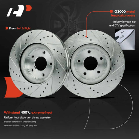 12.6 Inch Front Drilled And Slotted Disc Brake Rotors With Ceramic Pads Kit for Nissan Murano 2015-2023, two rotors displayed.