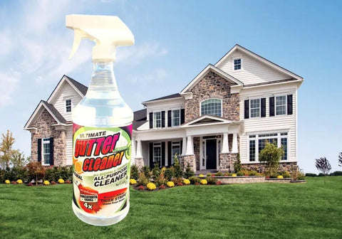 Gutter Cleaner And Stain Remover Citrus Scented 32 Ounce Bottle That Packs A Punch shown outside of a house for exterior use