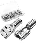100 Piece Heavy Duty Female Spade Connectors 12 To 10 Gauge Non Insulated Crimp Terminals in a clear case with shiny connectors.