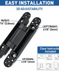 Pair Of Heavy Duty Hidden Door Hinges 9.7 Inch Concealed Flush Hardware showing 3D adjustability and easy installation instructions.