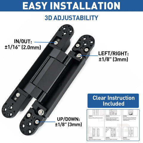 Pair Of Heavy Duty Hidden Door Hinges 9.7 Inch Concealed Flush Hardware showing 3D adjustability and easy installation instructions.