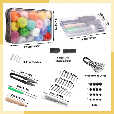 Beginner Friendly 45 Colors Needle Felting Kit With Tools Needles Eyes Scissors Storage Bag And Box All In One DIY Handcraft Starter Set For Creative Felt Projects At Home displayed with contents visible