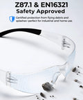 Four Pack Clear Safety Glasses With UV400 And ANSI Z87.1 Standards Built For The Daily Grind Impact Resistant And Anti Scratch Goggles floating with debris.