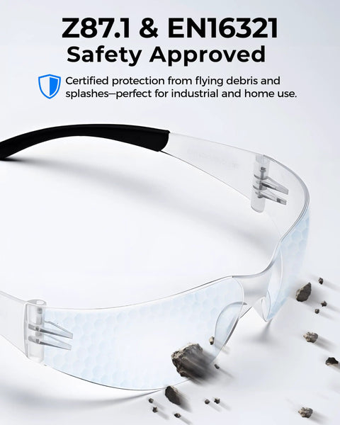 Four Pack Clear Safety Glasses With UV400 And ANSI Z87.1 Standards Built For The Daily Grind Impact Resistant And Anti Scratch Goggles floating with debris.
