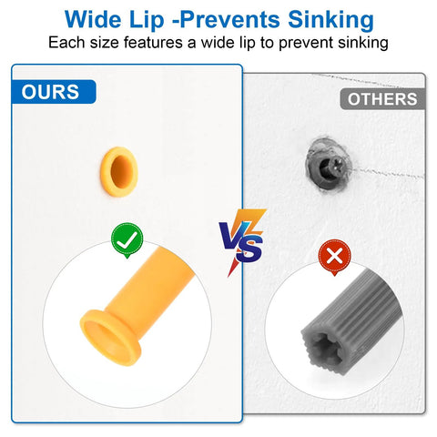 Comparison of wide lip yellow drywall anchor and other standard anchor for Drywall Anchors Kit With 170 Pieces For Secure Mounting Of Picture Frames Shelves And Curtain Rods Including 85 Plastic Anchors And 85 Philips Flat Head Screws In Three Sizes Size 6 1.18 Inch Size 6 1.57 Inch And Size 6 2.36 Inch