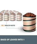 Illustration showing 18 bags of leaves reduced to 1 using 3 In 1 Leaf Blower Mulcher Vacuum For Easy Lawn Care With 350 CFM Airflow And 210 MPH