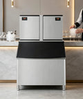 Heavy Duty Commercial Ice Maker Pumping Out Crisp Clear Cubes On The Fly With Stainless Steel Frame and roomy storage bin
