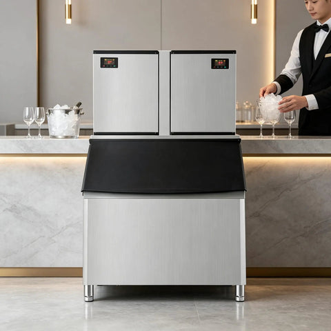 Heavy Duty Commercial Ice Maker Pumping Out Crisp Clear Cubes On The Fly With Stainless Steel Frame and roomy storage bin