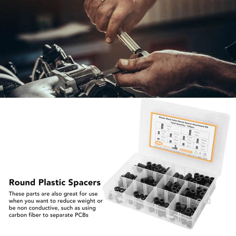 150 Piece Nylon Spacer Set Assortment For DIY And Pro Projects Black Round Post Spacers Plastic Washer Shims For Screws Hardware Standoff Kit Durable Lightweight Spacing Solutions in storage box