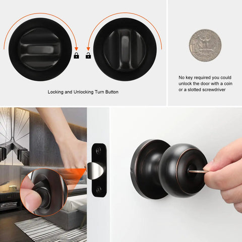Close-up of 10 Pack Oil Rubbed Bronze Interior Door Knobs Privacy Round Doorknobs For Bedroom Or Bathroom with thumb turn lock