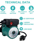 Heavy Duty Hot Water Recirculating Pump 115V With 3 Speed Control And 145 PSI Rating showing technical data and power specifications.