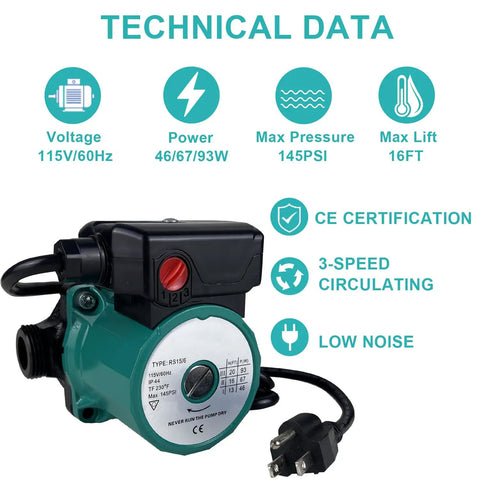 Heavy Duty Hot Water Recirculating Pump 115V With 3 Speed Control And 145 PSI Rating showing technical data and power specifications.