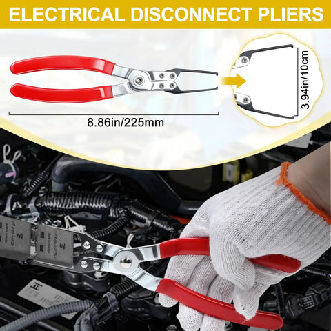 Electrical disconnect pliers from 8-Piece Fuel Line Pliers Set with red handles, shown in use on automotive parts