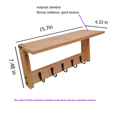 Wall Shelf With Hooks For Entryway And Living Room Must Have Multi Purpose Wooden Shelf With Heavy Duty Metal Hooks Coat Rack Organizer For Hanging Coats Bags Keys Eco Friendly Bamboo And Solid Wood