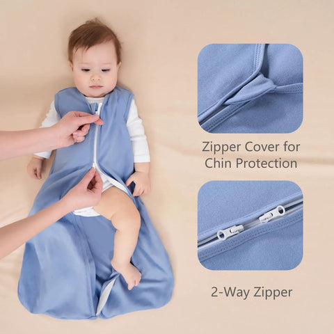 Baby wearing Snug Baby Sleep Sack Set 6 to 12 Months Three Pack Hundred Percent Cotton Wearable Blanket Lightweight Half Tog with zipper.