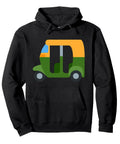 Auto Rickshaw Costume Pullover Hoodie Unisex Graphic Streetwear Sweatshirt For Men Women Youth Soft Heavyweight Cotton Blend Classic Fit Black with graphic design.