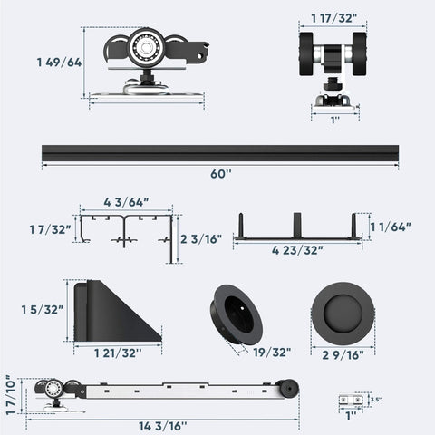 Diagram of Built To Last Bypass Closet Door Hardware with Soft Close Mechanism for Double Doors 5ft Track System, black finish.