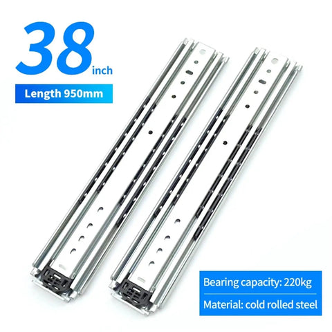Beefy 76 Inch Wide Heavy Duty Industrial Slide Rail Drawer Guide Three Section With Smooth Silent Operation Rust Resistant Electroplated Or Powder Coated Steel Tracks And Ball Bearing Roller System, 38 inch cold rolled steel drawer slides